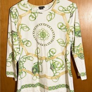 J. McLaughlin Green and Cream Patterned Long Sleeve Top